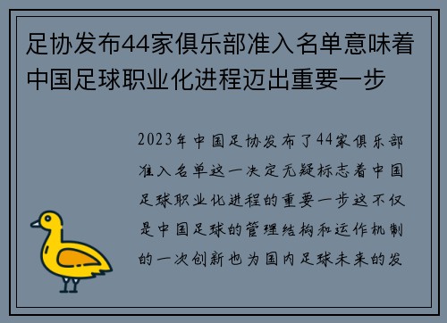 足协发布44家俱乐部准入名单意味着中国足球职业化进程迈出重要一步 足协发布44家俱乐部准入名单意味着中国足球职业化进程迈出重要一步