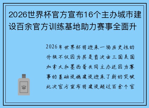 2026世界杯官方宣布16个主办城市建设百余官方训练基地助力赛事全面升级 ⚽ 2026世界杯官方宣布16个主办城市建设百余官方训练基地助力赛事全面升级 ⚽